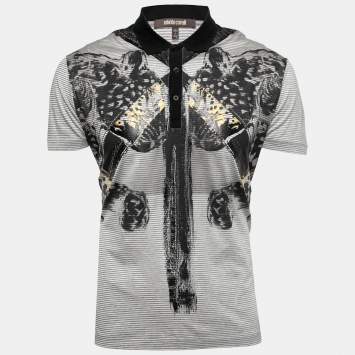 Pre Owned Roberto Cavalli Grey Striped Printed Cotton Polo T-Shirt L