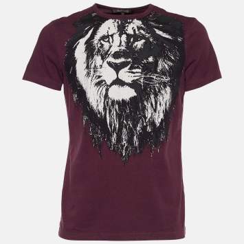 Pre Owned Roberto Cavalli Burgundy Printed Cotton T-shirt M