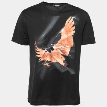Pre Owned Roberto Cavalli Black Eagle Printed Cotton Short Sleeve T-Shirt L