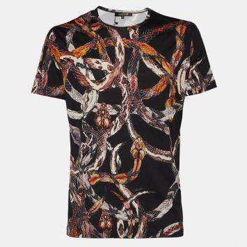 Pre Owned Roberto Cavalli Black Snake Print Cotton Crew Neck T-Shirt XXL