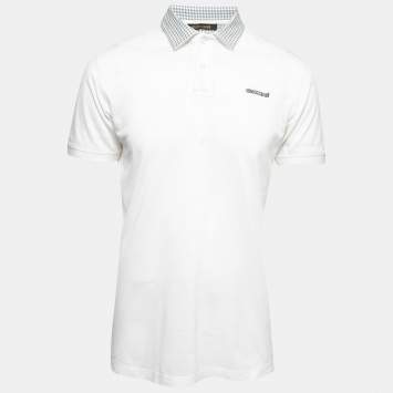 Pre Owned Roberto Cavalli White Cotton Printed Collar Polo T-Shirt L