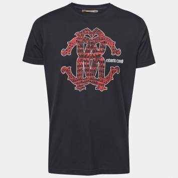 Pre Owned Roberto Cavalli Black Cotton Logo Print T-Shirt XL
