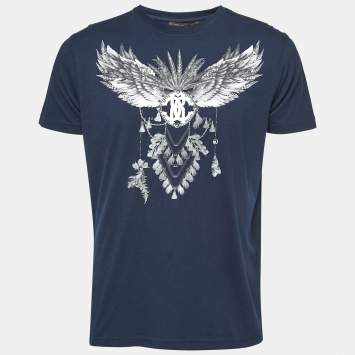 Pre Owned Roberto Cavalli Navy Blue Cotton Graphic Print T-Shirt XL