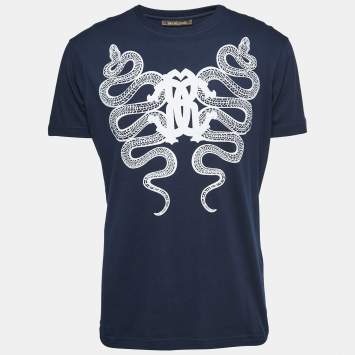 Pre Owned Roberto Cavalli Navy Blue Cotton Snake Logo Print T-Shirt XL