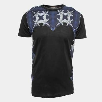 Pre Owned Roberto Cavalli Black Printed Cotton Crew Neck T-Shirt L