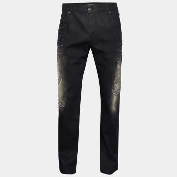Pre Owned Roberto Cavalli Black Denim Distressed Jeans XL