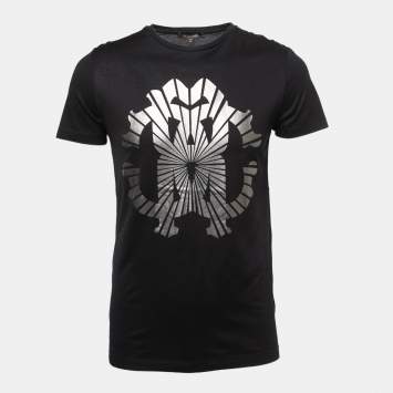 Pre Owned Roberto Cavalli Black Logo Print Cotton Crew Neck T-Shirt S