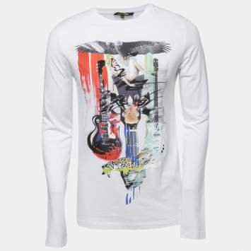 Pre Owned Roberto Cavalli White Printed Cotton Crew Neck Full Sleeve T-Shirt M
