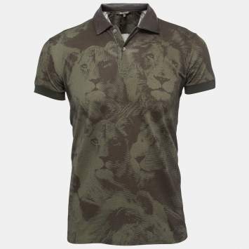 Pre Owned Roberto Cavalli Military Green Lion Print Cotton Leather Trimmed Polo T-Shirt S