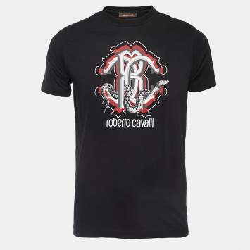 Pre Owned Roberto Cavalli Black Logo Print Cotton Crew Neck Half Sleeve T-Shirt M