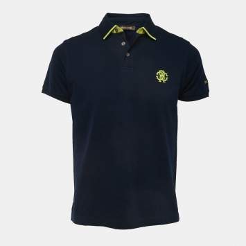 Pre Owned Roberto Cavalli Navy Blue Logo Embroidered Cotton Pique Polo T-Shirt M