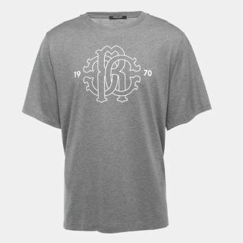 Pre Owned Roberto Cavalli Grey Logo Print Cotton Crew Neck Half Sleeve T-Shirt XXL