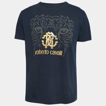 Pre Owned Roberto Cavalli Navy Blue Logo Print Cotton Half Sleeve T-Shirt XL