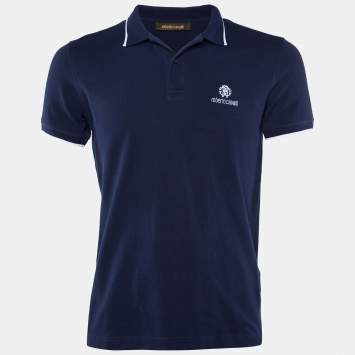 Pre Owned Roberto Cavalli Navy Blue Logo Embroidered Cotton Polo T-Shirt L