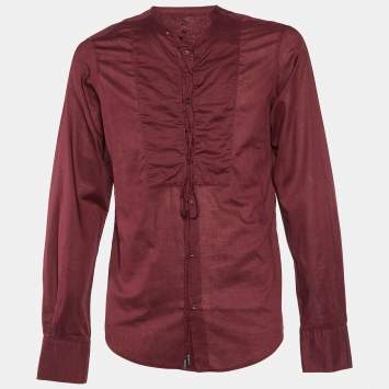 Pre Owned Roberto Cavalli Burgundy Cotton Embroidered Lace Up Detail Shirt XL