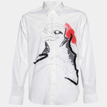 Pre Owned Roberto cavalli White Bird Print Cotton Slim Fit Shirt XL