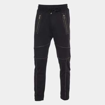 Pre Owned Robert Cavalli Black Cotton Knit Embellished Track Pants L