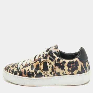 Roberto Cavalli Black/Brown Leopard Print Leather Lace Up Sneakers Size 43