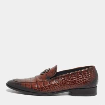 Pre Owned Roberto Cavalli Brown Croc Embossed Leather Slip On Loafers Size 43