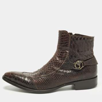 Pre Owned Roberto Cavalli Size 43 Brown Python Leather Ankle Length Boots