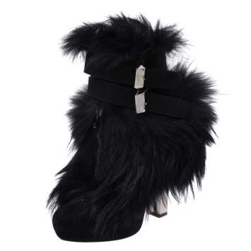 Pre Owned Roberto Cavalli Black Suede And Fur Trim Ankle Boots Size 38