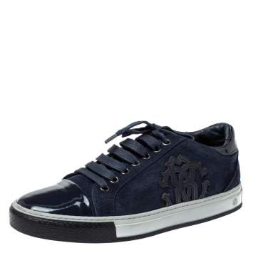مملوكة مسبقًا Roberto Cavalli Navy Blue Suede and Patent Leather Low Top Sneakers Size 40
