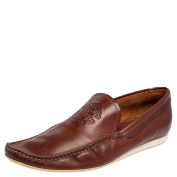 Pre Owned Roberto Cavalli Brown Leather Logo Embossed Slip On Loafers Size 41