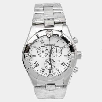 مملوكة مسبقًا Roberto Cavalli Silver Stainless Steel Diamond Time R7253616015 Chronograph Men's Wristwatch 45.50 mm