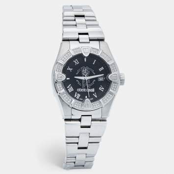 مملوكة مسبقًا Roberto Cavalli Black Stainless Steel Diamond Time R7253116525 Men's Wristwatch 41 mm