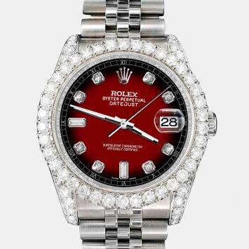 Rolex Custom Maroon Vignette 4CT Diamond Stainless Steel Datejust 116200 Automatic Men's Wristwatch 36mm