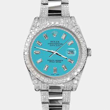 Rolex Custom Turquoise 10.65CT Diamond Stainless Steel Datejust II 116300 Automatic Men's Wristwatch 41 mm