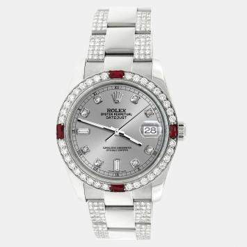 Rolex Custom Silver 4.5CT Diamond Stainless Steel Datejust 116200 Automatic Men's Wristwatch 36 mm