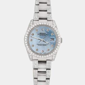 Rolex Custom Sky Blue MOP 5.9CT Diamond Stainless Steel Datejust 116200 Automatic Men's Wristwatch 36 mm
