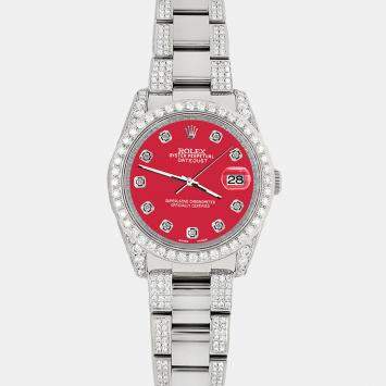 Rolex Custom Scarlet Red 5.9CT Diamond Stainless Steel Datejust 116200 Automatic Men's Wristwatch 36 mm