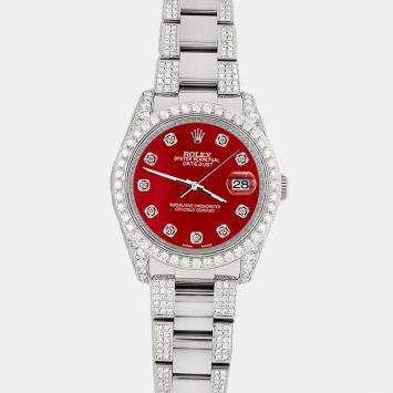 Rolex Custom Red MOP 5.9CT Diamond Stainless Steel Datejust 116200 Automatic Men's Wristwatch 36 mm