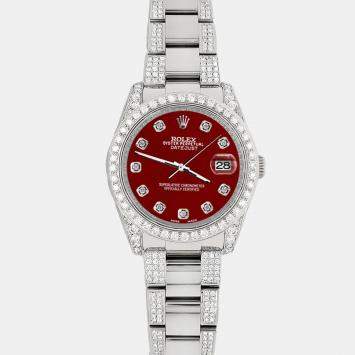Rolex Custom Imperial Red 5.9CT Diamond Stainless Steel Datejust 116200 Automatic Men's Wristwatch 36 mm