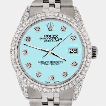 Rolex Custom Aqua Blue 2.85CT Diamond Stainless Steel Datejust  Automatic Men's Wristwatch 36mm