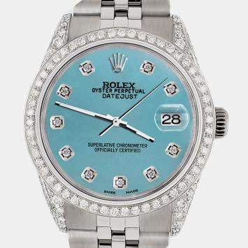 Rolex Custom Turquoise 2.85CT Diamond Stainless Steel Datejust  Automatic Men's Wristwatch 36mm