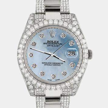 Rolex Custom Sky Blue MOP 8.3CT Diamond Stainless Steel Datejust II 116300 Automatic Men's Wristwatch 41mm