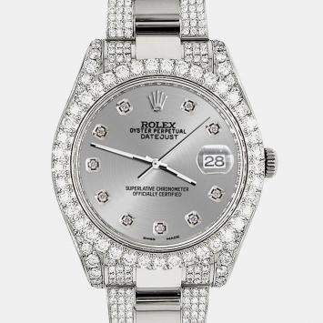 Rolex Custom Silver 8.3CT Diamond Stainless Steel Datejust II 116300 Automatic Men's Wristwatch 41mm