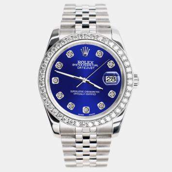 Rolex Custom Navy Blue 1.85CT Diamond Stainless Steel Datejust 116200 Automatic Men's Wristwatch 36mm