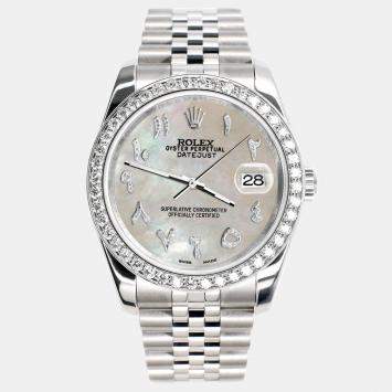 Rolex Custom Champagne MOP 2CT Diamond Stainless Steel Datejust 116200 Automatic Men's Wristwatch 36mm