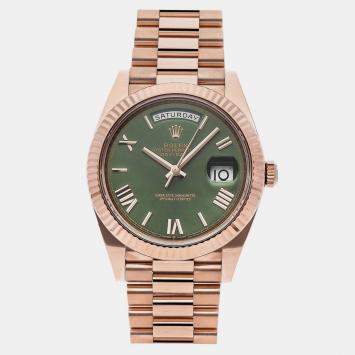 Pre Owned Rolex Olive Green 18k Rose Gold Day-Date 228238 Men's Wristwatch 40 mm