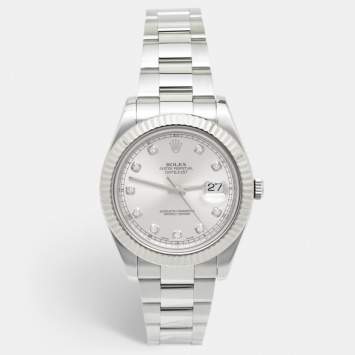 Pre Owned Rolex Silver Diamond 18K White Gold Stainless Steel Datejust II 116334-0007 Men's Wristwatch 41 mm