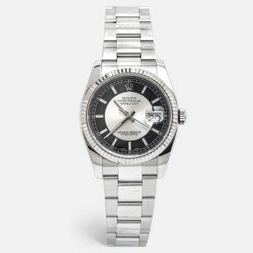 Pre Owned Rolex Silver Black Tuxedo 18K White Gold Oystersteel Datejust 116234 Men's Wristwatch 36 mm