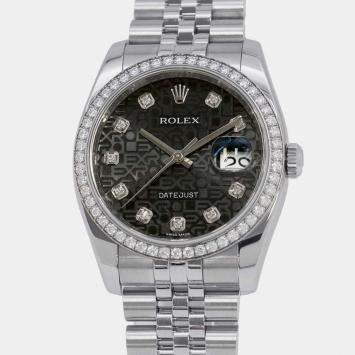 Rolex Black Diamond 18k White Gold Stainless Steel Datejust Automatic Men's Wristwatch 36 mm