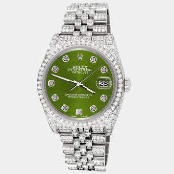 Rolex Custom Royal Green 10.2ct Diamonds Stainless Steel Datejust 116200 Automatic Men's Wristwatch 36mm