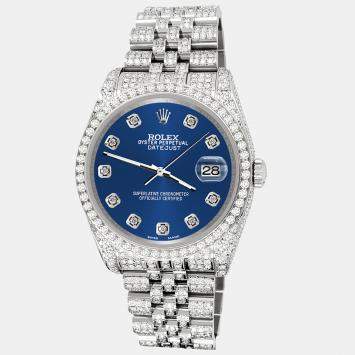 Rolex Custom Cobalt Blue 10.2ct Diamonds Stainless Steel Datejust 116200 Automatic Men's Wristwatch 36mm