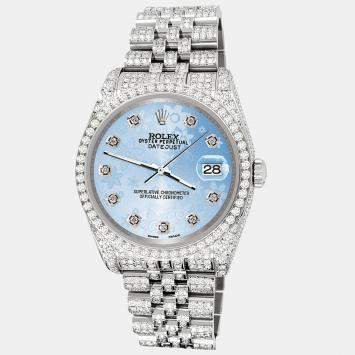 Rolex Custom Blue Flower 10.2ct Diamonds Stainless Steel Datejust 116200 Automatic Men's Wristwatch 36mm