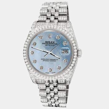 Rolex Custom Sky Blue 10.2ct Diamonds Stainless Steel Datejust 116200 Automatic Men's Wristwatch 36mm